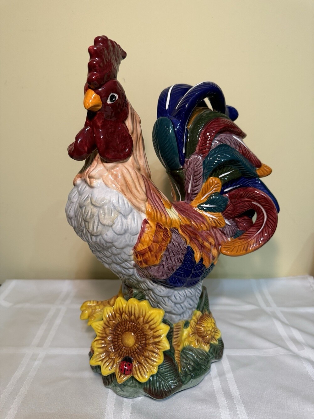Vintage Ceramic Rooster 15" Tall Hand Painted Sunflowers Ladybug Farmcore